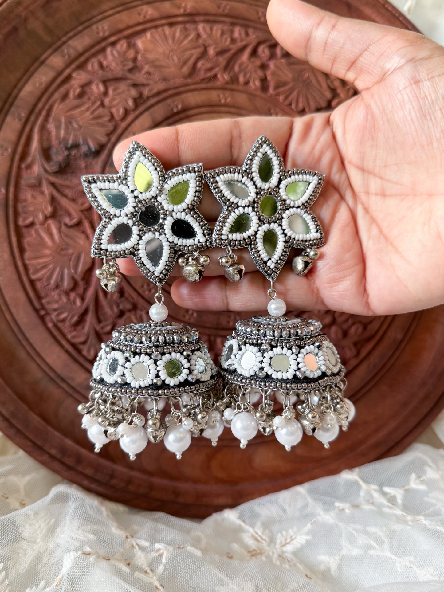 Naaz Mirror Handmade Beaded Jhumka Earrings