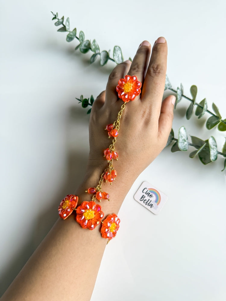 Sparkling Orange Daisy Handmade Beaded Hathphool (Single Hand)