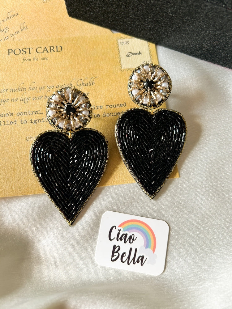 Glam Black Heart Drop Handmade Beaded Earrings