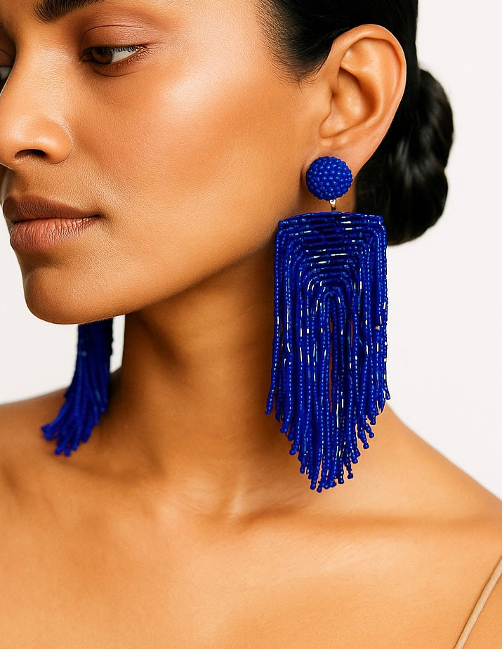 Luxe Midnight Blue Handmade Beaded Tassel Earrings