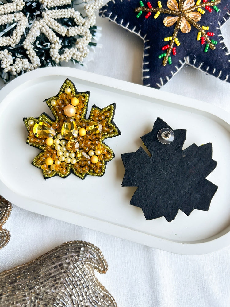 Golden Autumn Leaf Handmade Beaded Earrings
