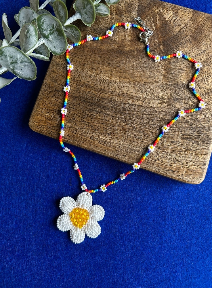 Spring Bloom Rainbow Daisy Handmade Beaded Necklace