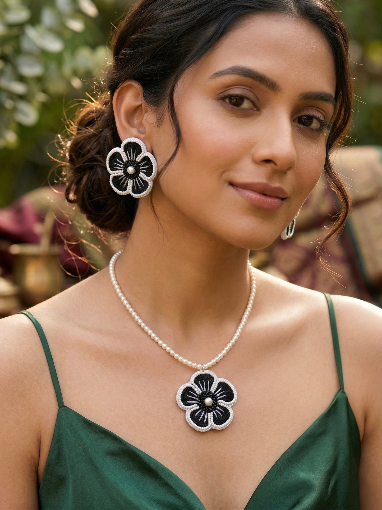 Twilight Black Blossom Flower Handmade Beaded Necklace + Earrings Set