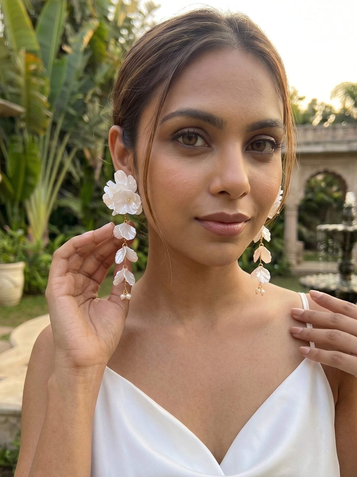 Aurelia Flower Pearl White Statement Handmade Beaded Earrings