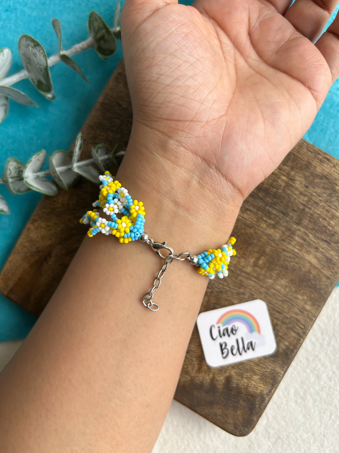 Spring Bloom Blue Yellow White Daisy Handmade Beaded Bracelet