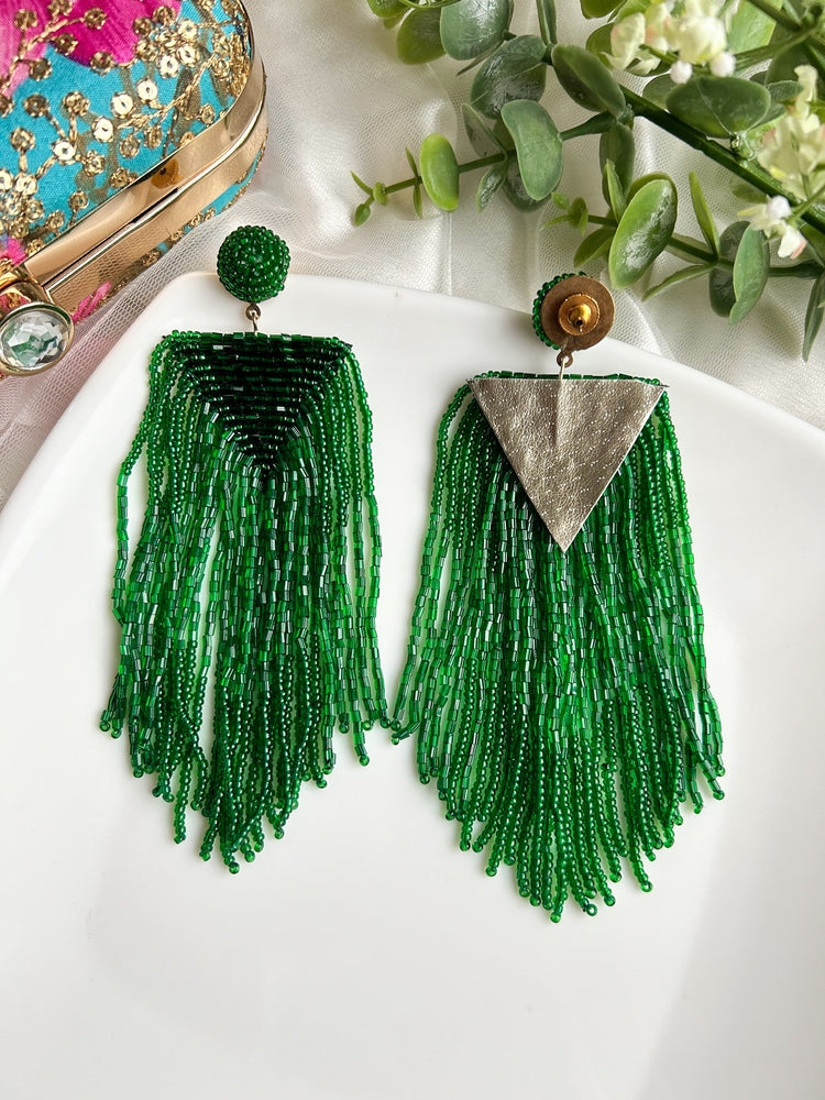 Luxe Emerald Green Handmade Beaded Tassel Earrings