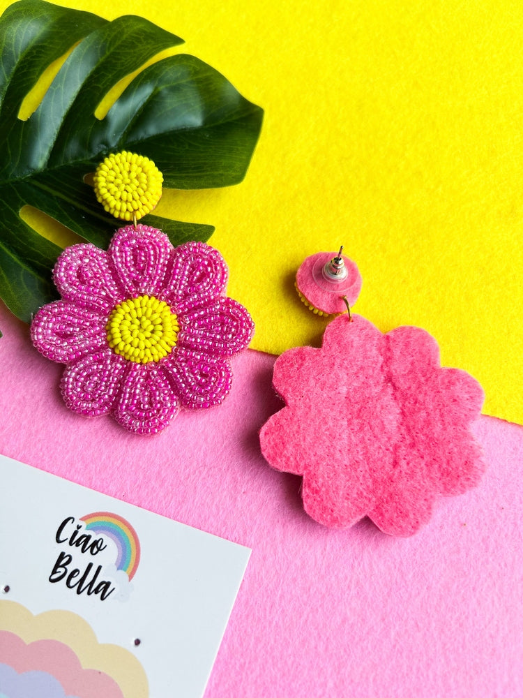 Forever-Pink Daisy Handmade Beaded Flower Earrings