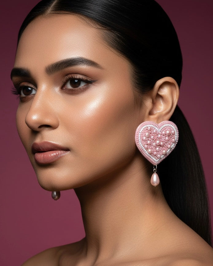 Blushing Pearlheart Handmade Beaded Earrings