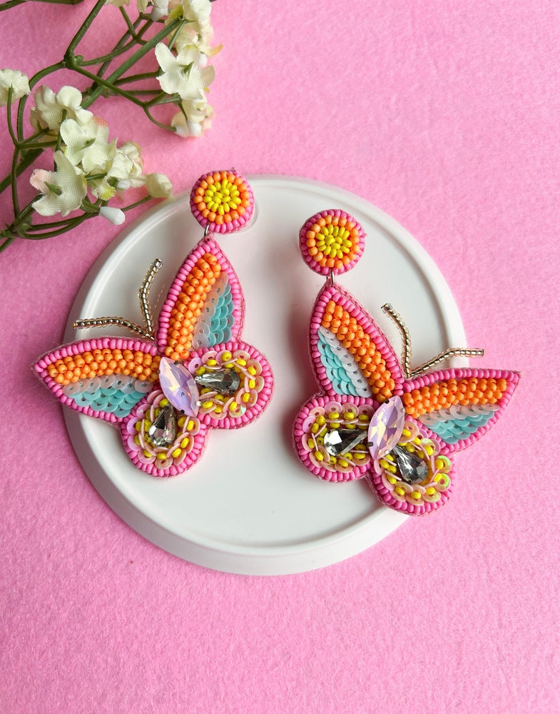 Sun-Kissed Pink Handmade Beaded Butterfly Earrings