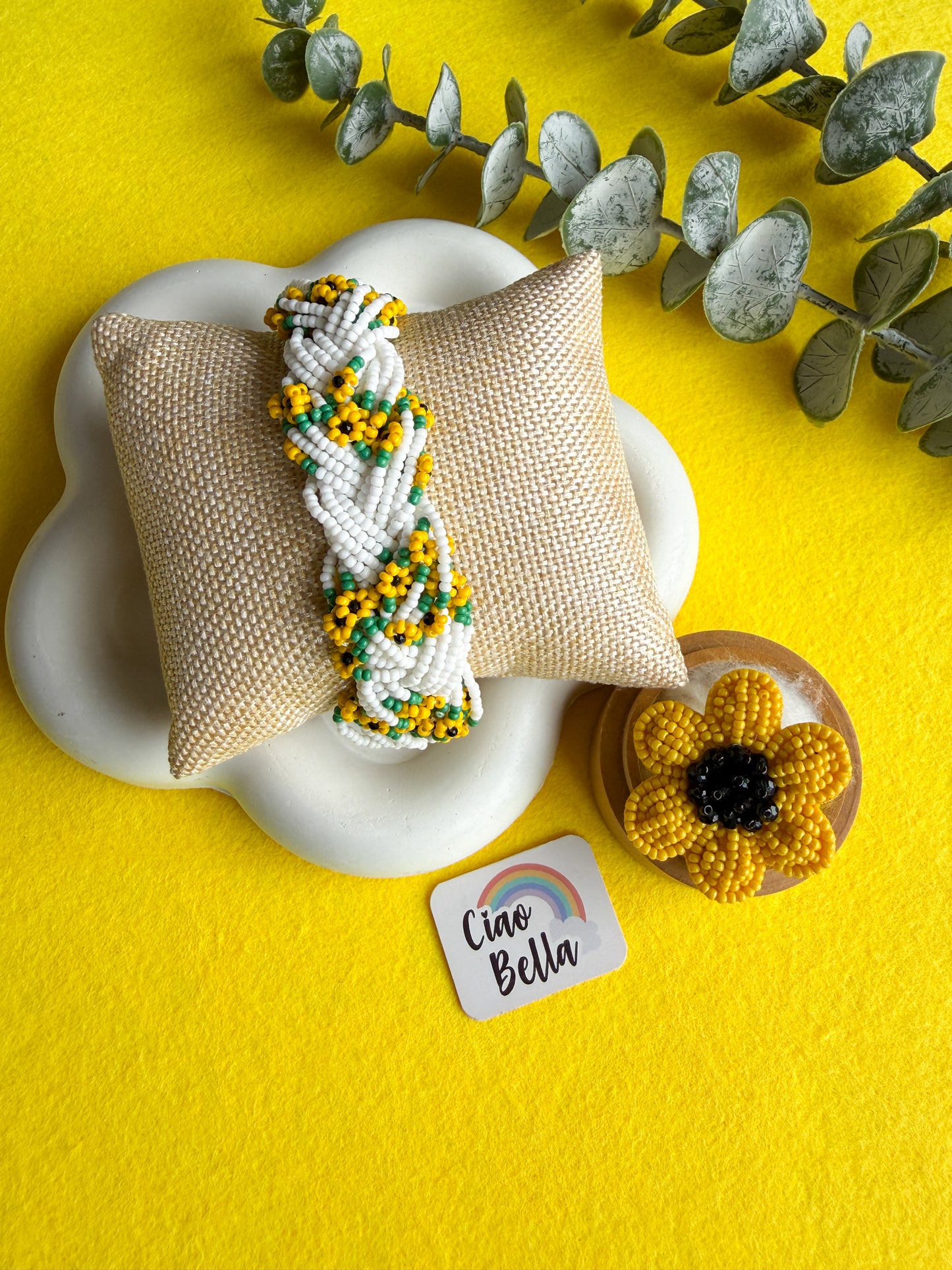 Luxe Flora Sunflower Handmade Beaded Bracelet + Ring Combo