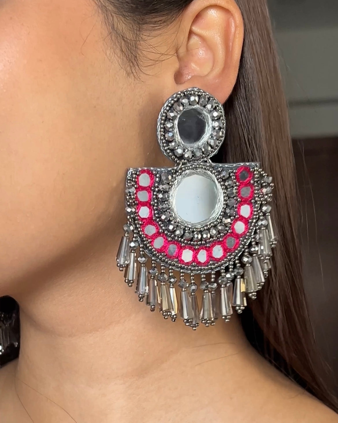 Chandrika Mirror Pink Handmade Beaded Earrings