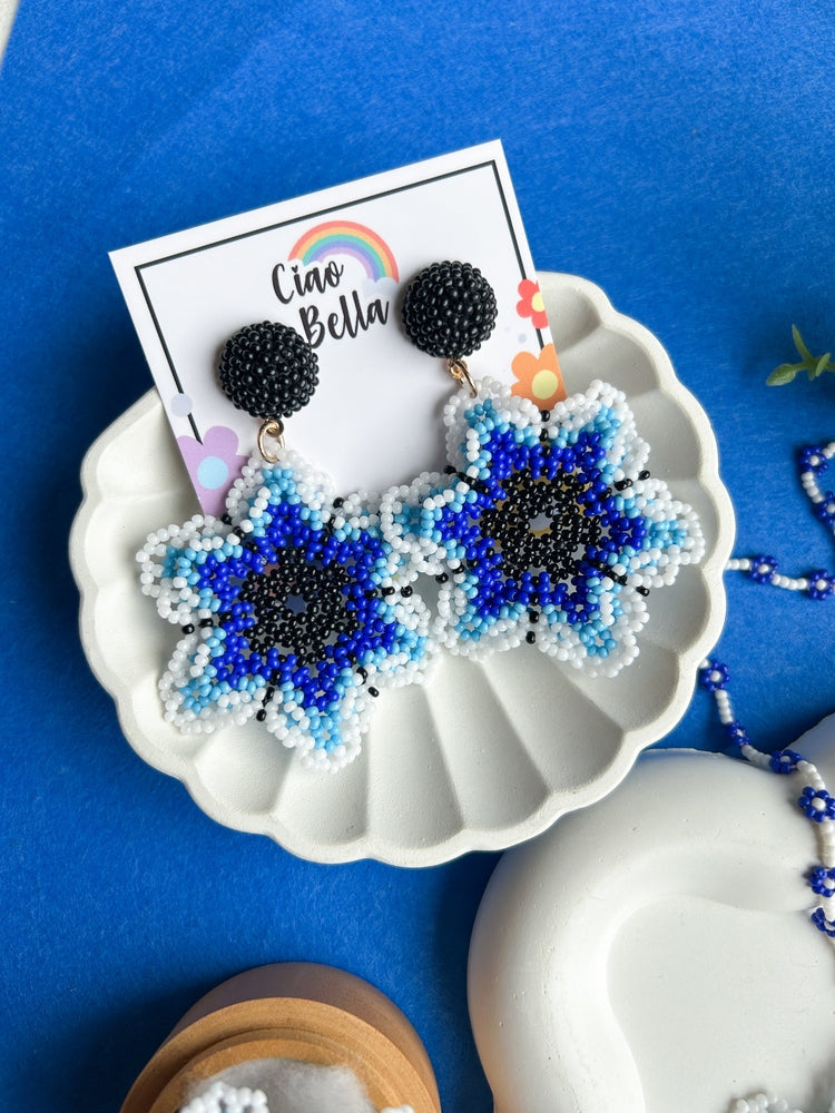 Blossoming Blue Flower Handmade Beaded Necklace + Earrings + Ring Set
