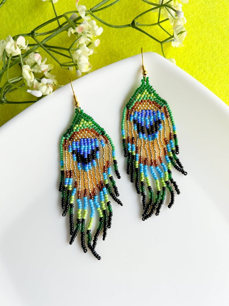 Boho Peacock Feather Handmade Beaded Tassel Bird Earrings