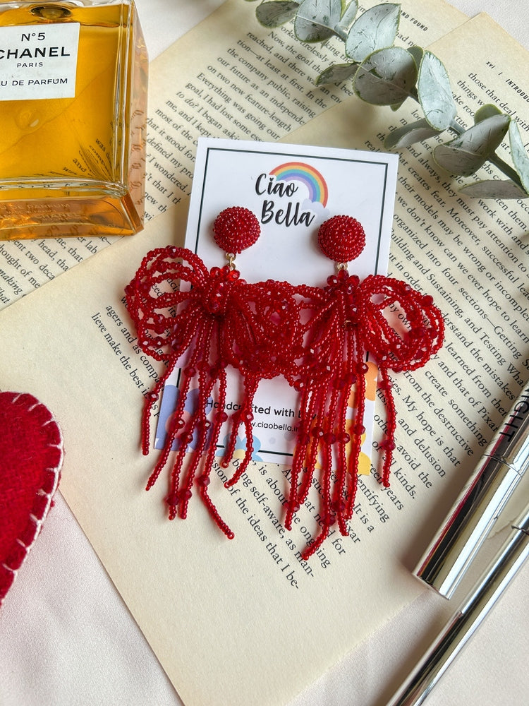 Pookie Bow (Deep Red) Handmade Beaded Earrings