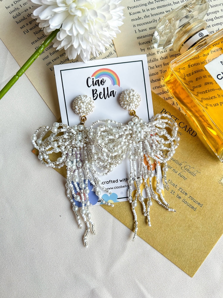Pookie Bow (White) Handmade Beaded Earrings