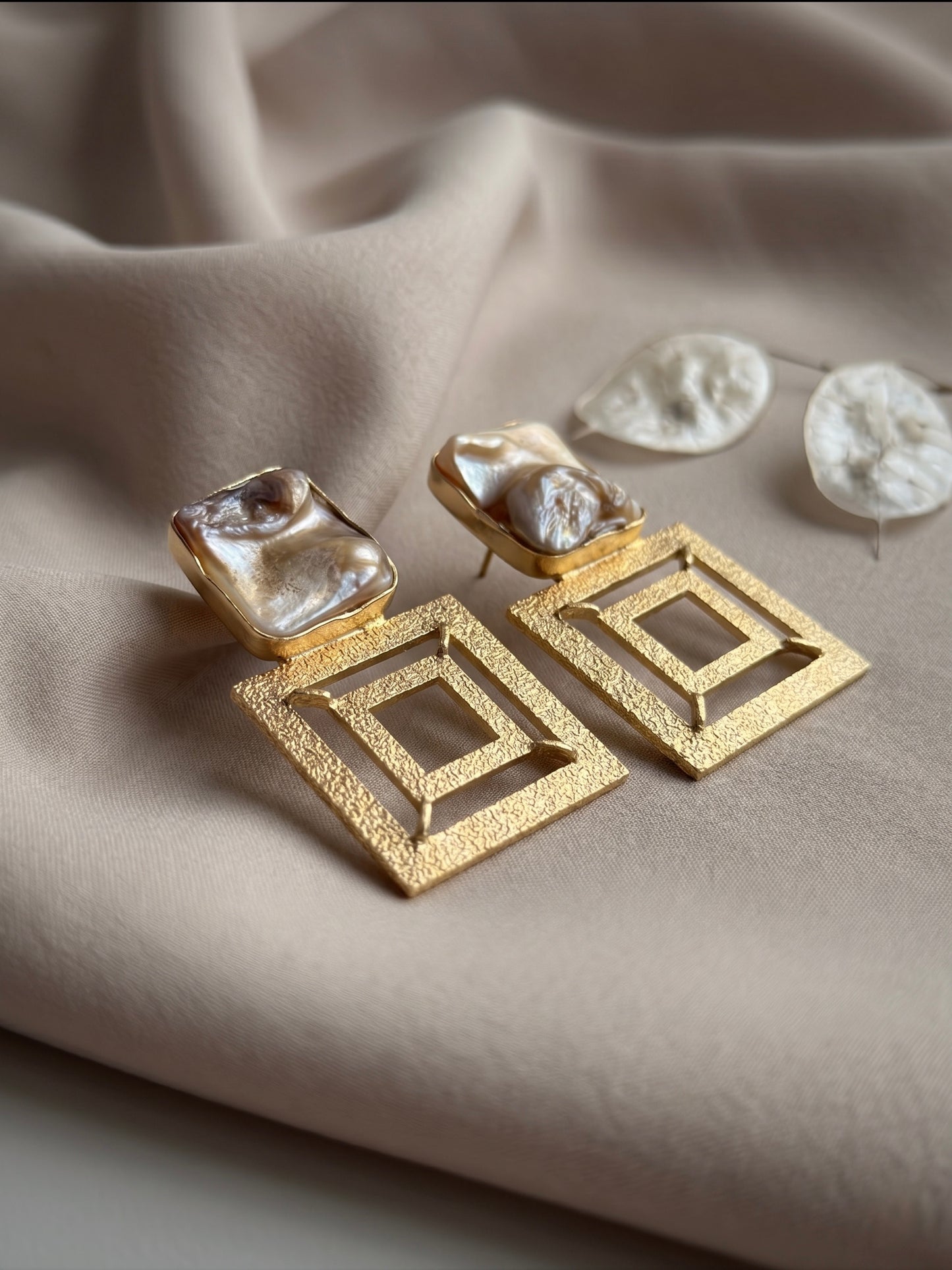 Framed in Gold Mother Of Pearl Handmade Brass Earrings
