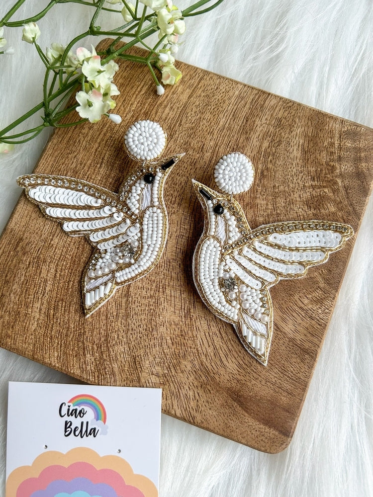 Ivory Humming Bird Handmade Beaded Earrings