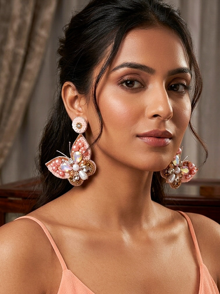 Luxe Crystal Peach Handmade Beaded Butterfly Earrings