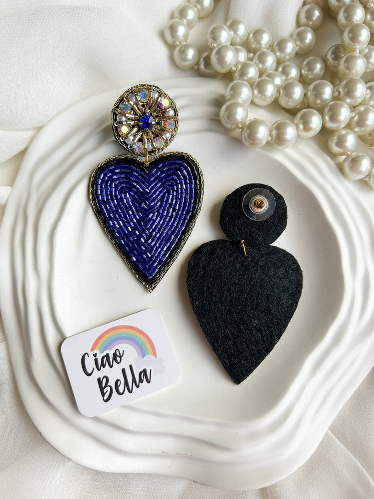 Glam Blue Heart Drop Handmade Beaded Earrings