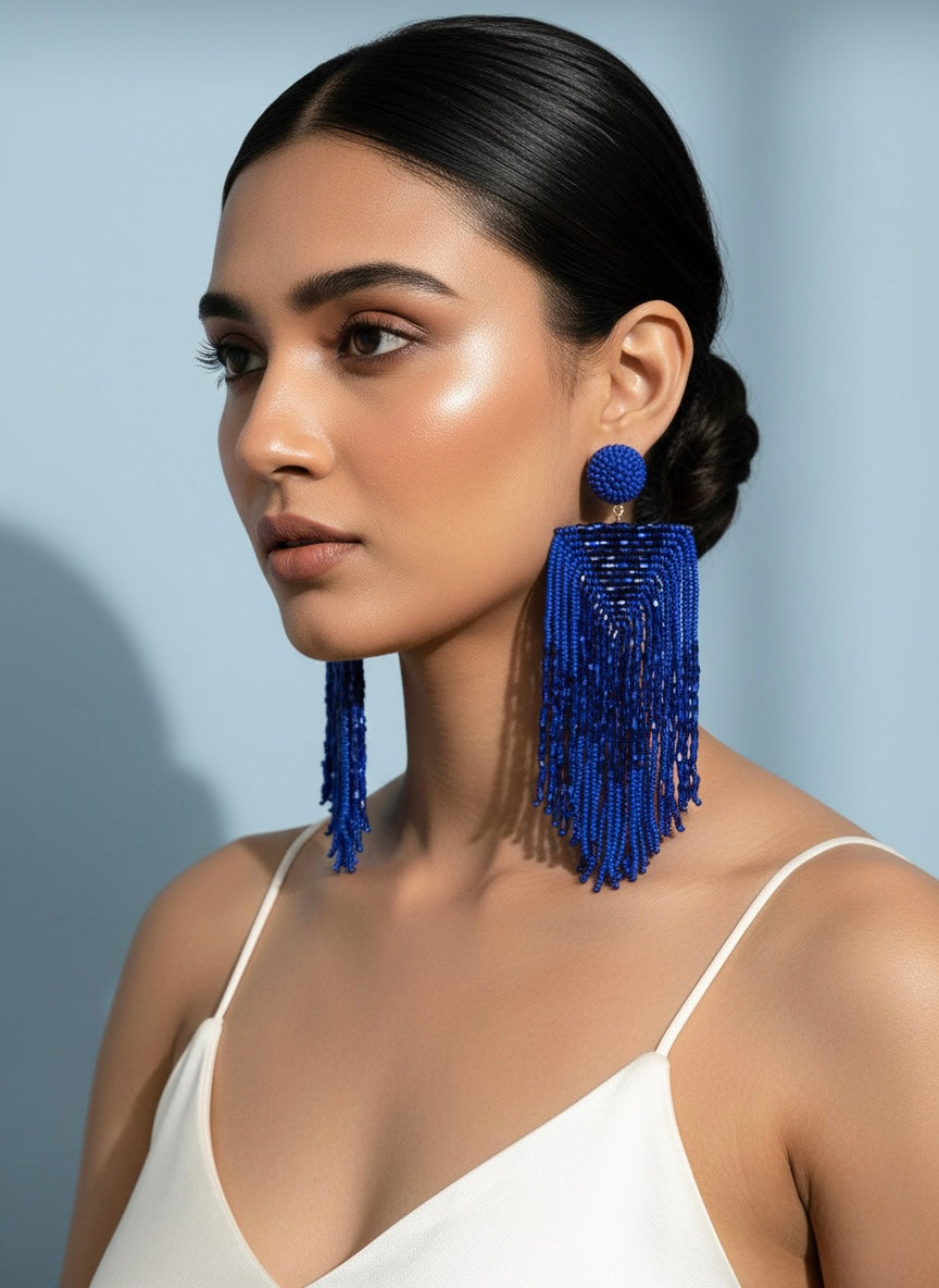 Luxe Midnight Blue Handmade Beaded Tassel Earrings