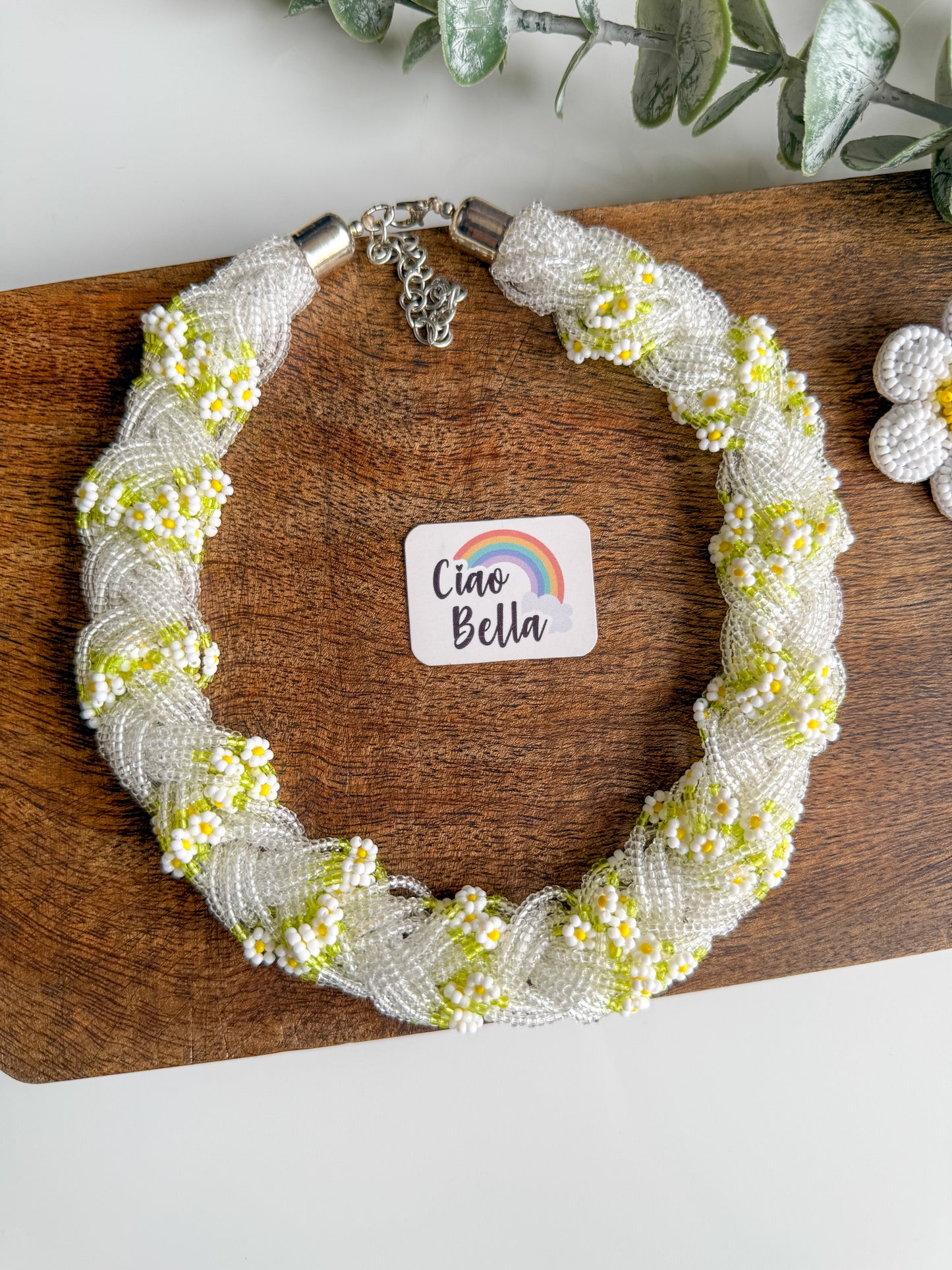 Luxe Flora Silver White Handmade Beaded Necklace + Earrings Set