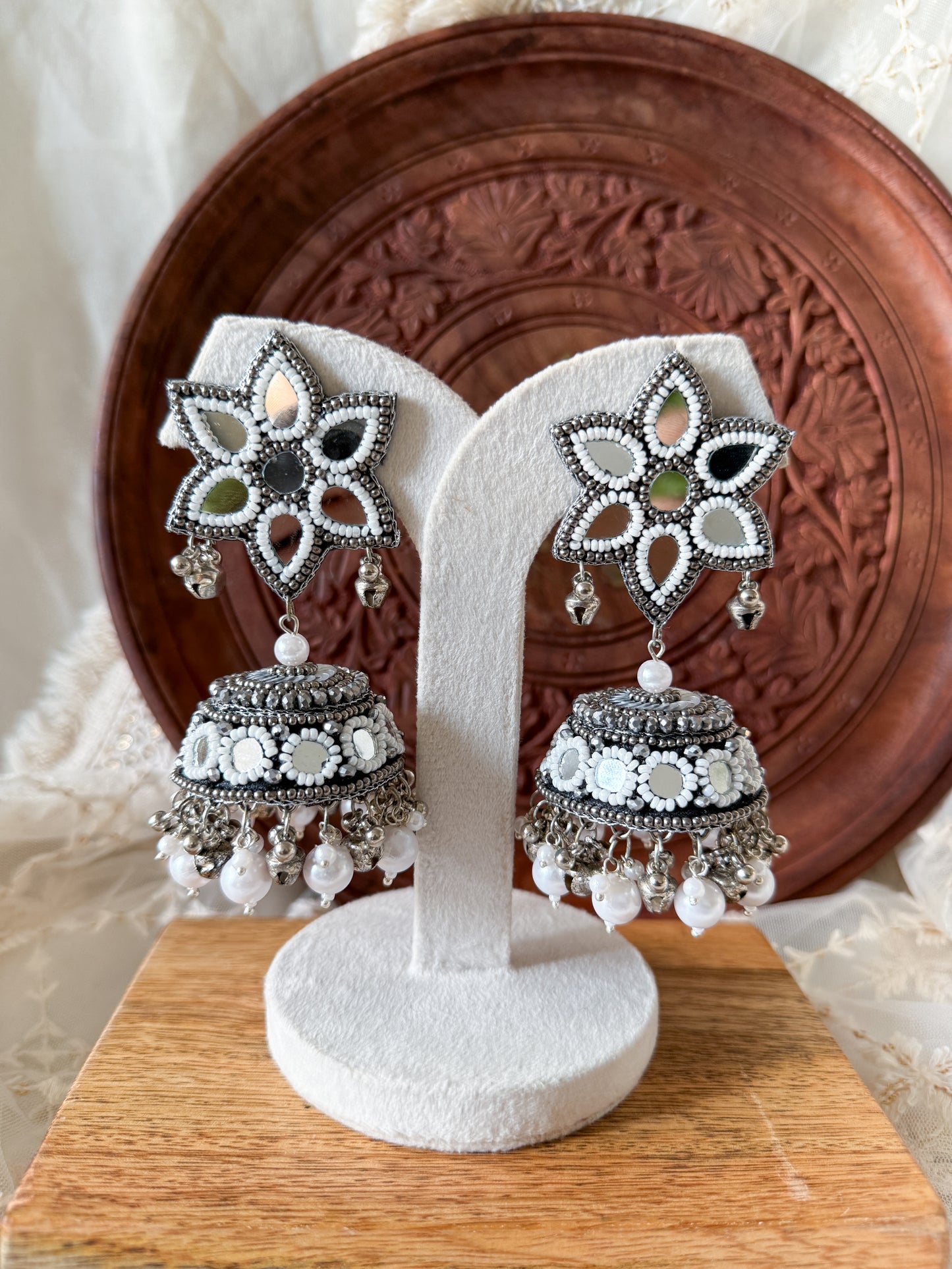 Naaz Mirror Handmade Beaded Jhumka Earrings