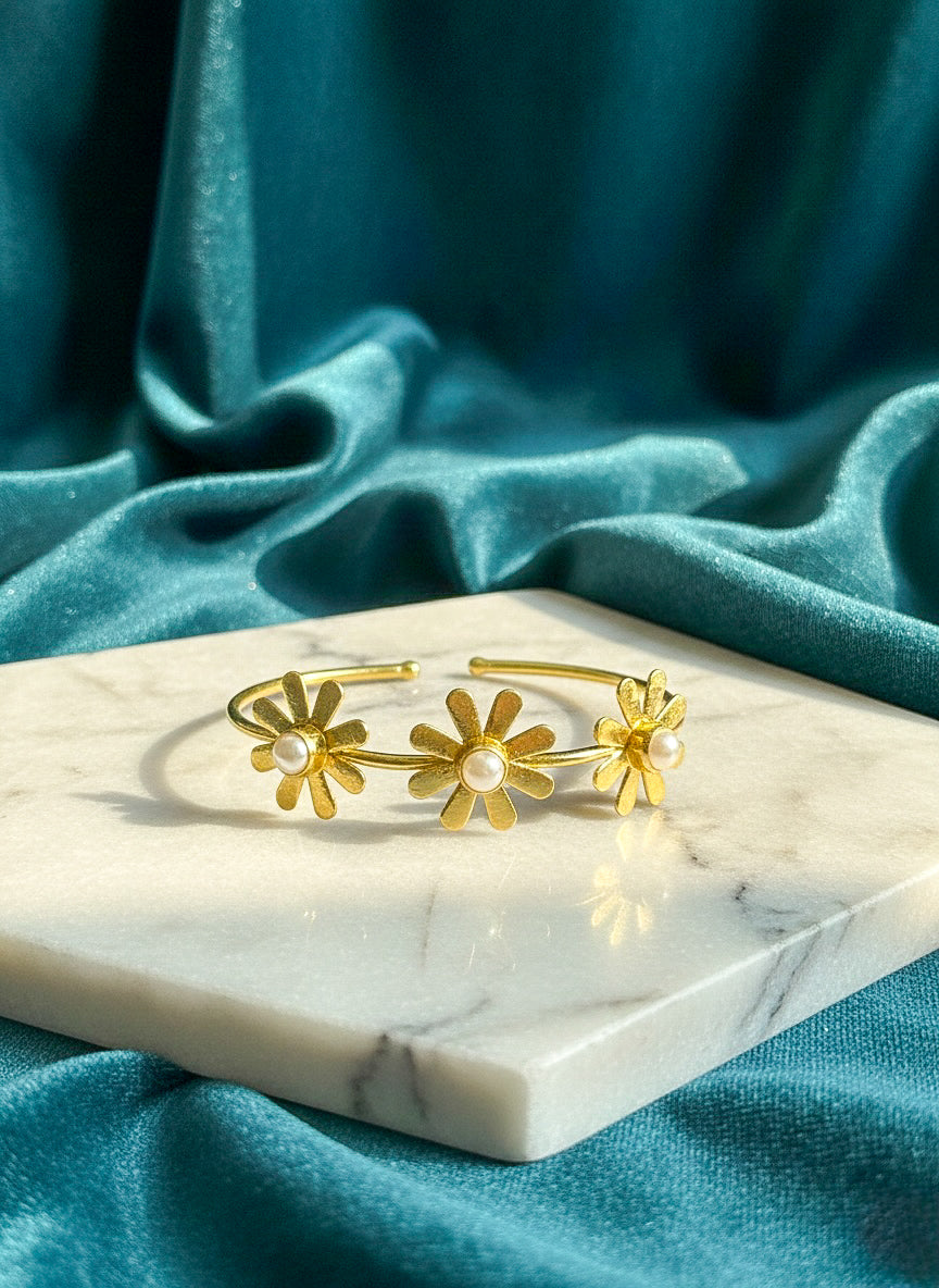 Sweet Daisy Pearl Handmade Brass Cuff Bracelet