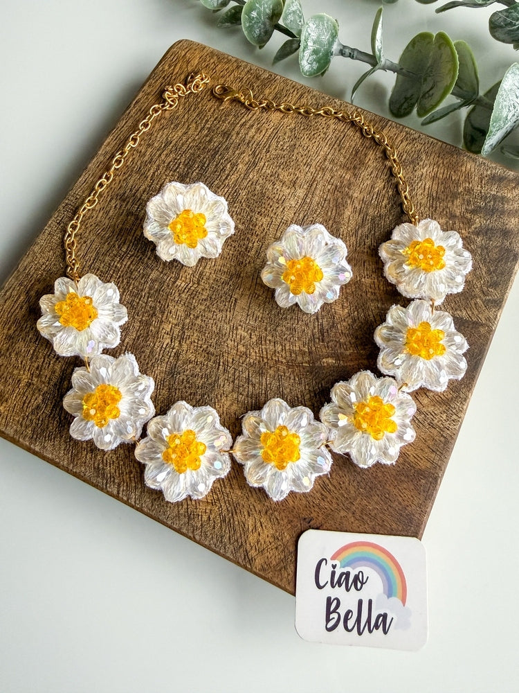 Sparkling White Daisy Handmade Beaded Necklace + Earrings Set