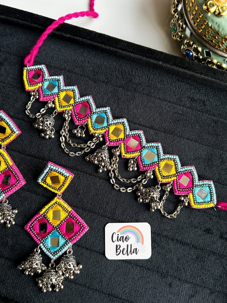 Rangrez Mirror Handmade Beaded Necklace & Earrings Set