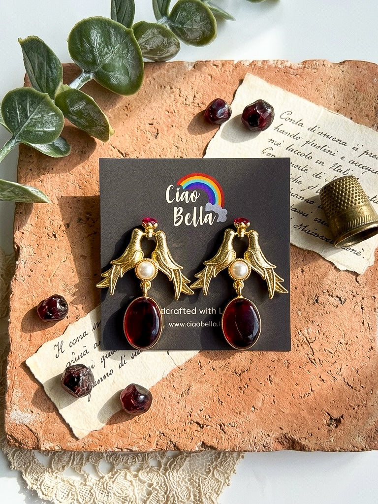 Love Birds Red Monalisa Stone Handmade Brass Earrings