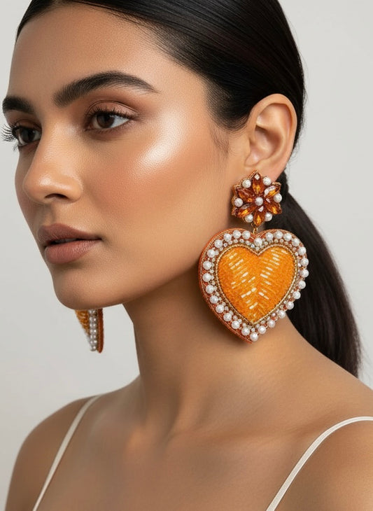 Ishqiya Orange Heart Drop Handmade Beaded Earrings
