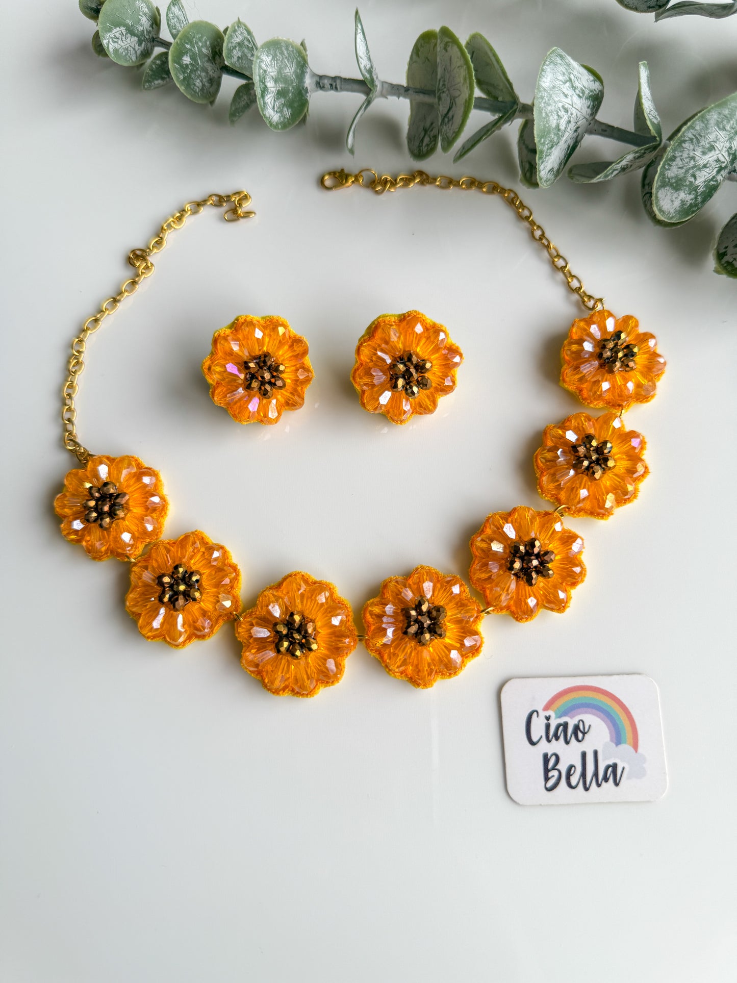 Sparkling Sunflower Handmade Beaded Necklace + Earrings Set