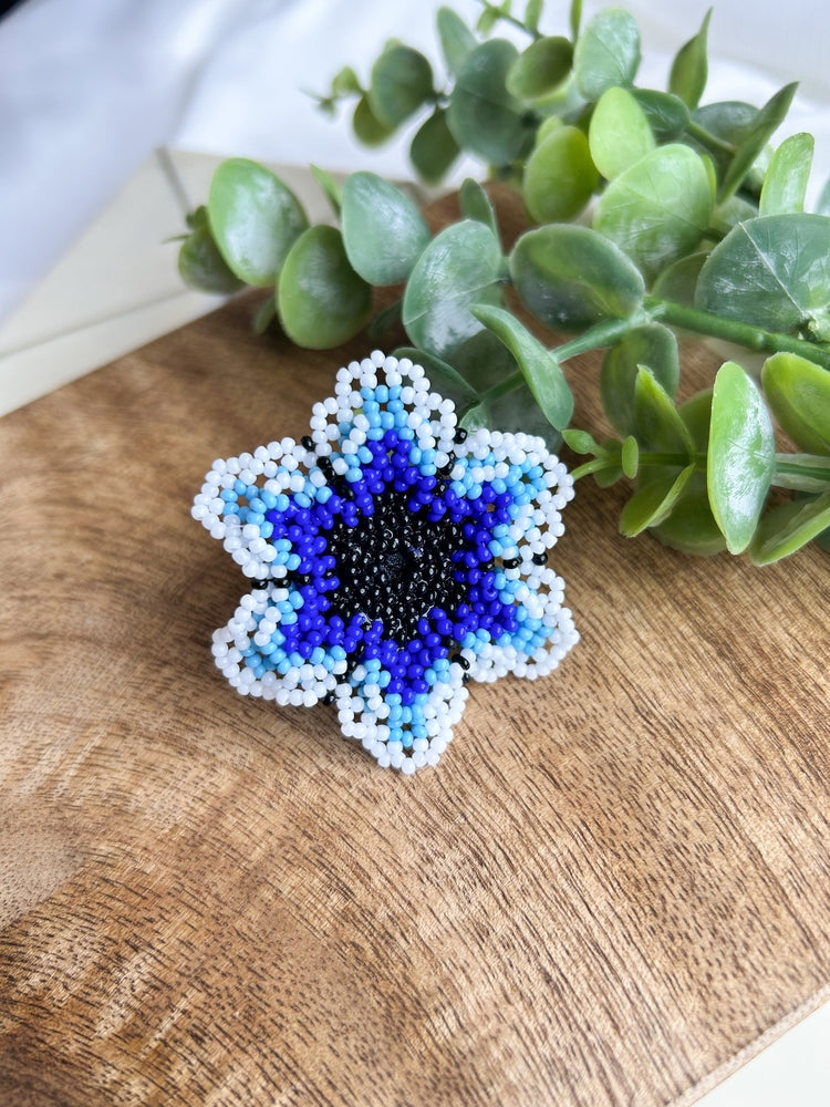 Blossoming Blue Flower Handmade Beaded Ring