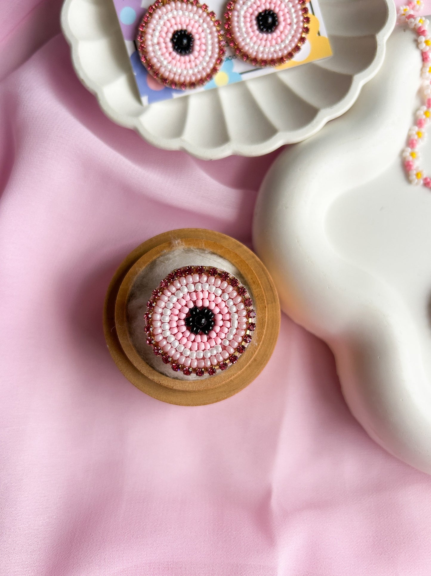 Blush Pink Evil Eye Handmade Beaded Necklace + Earrings + Ring Set