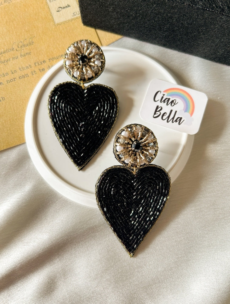 Glam Black Heart Drop Handmade Beaded Earrings