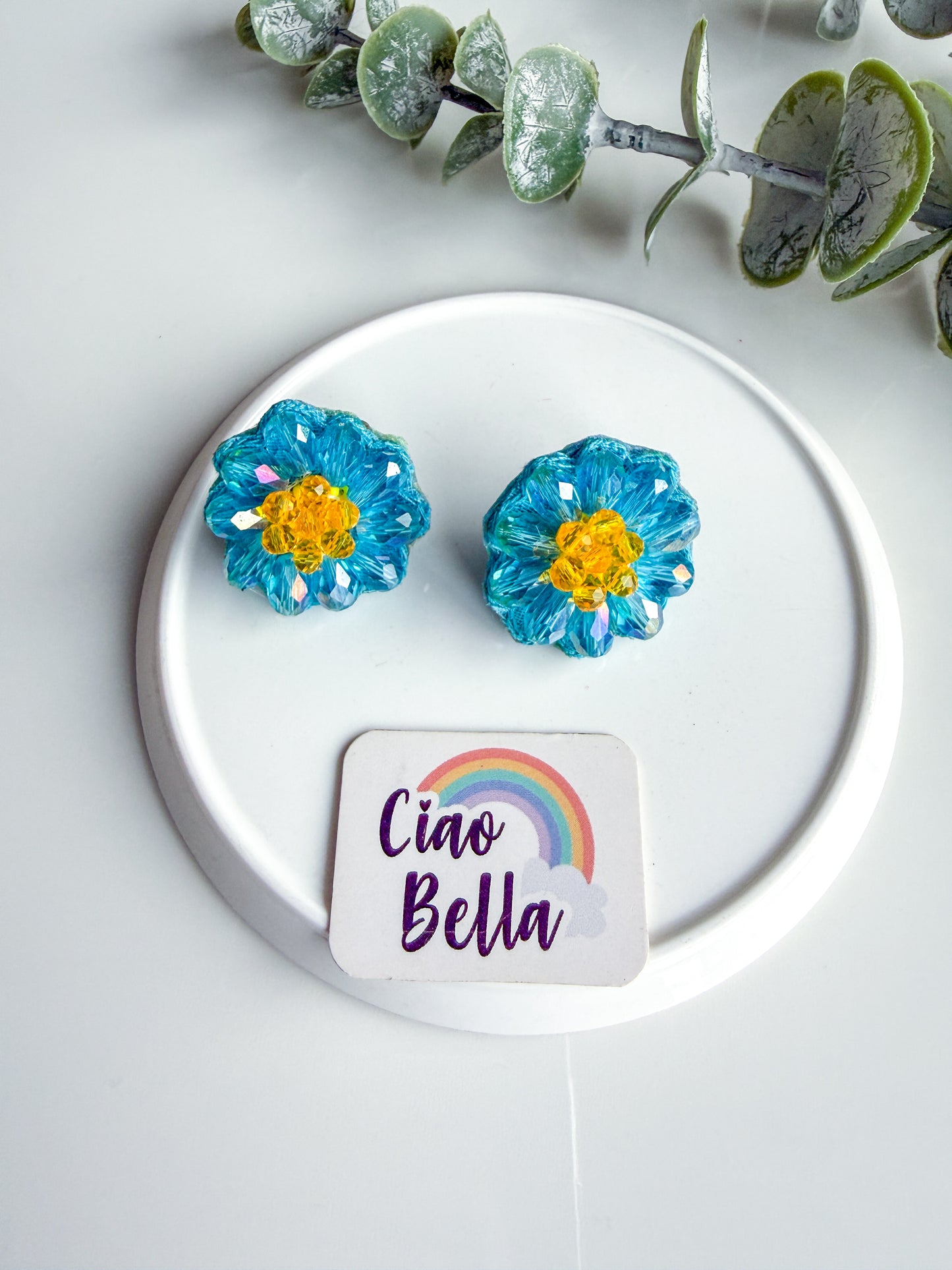 Sparkling Aqua Blue Daisy Handmade Beaded Necklace + Earrings Set