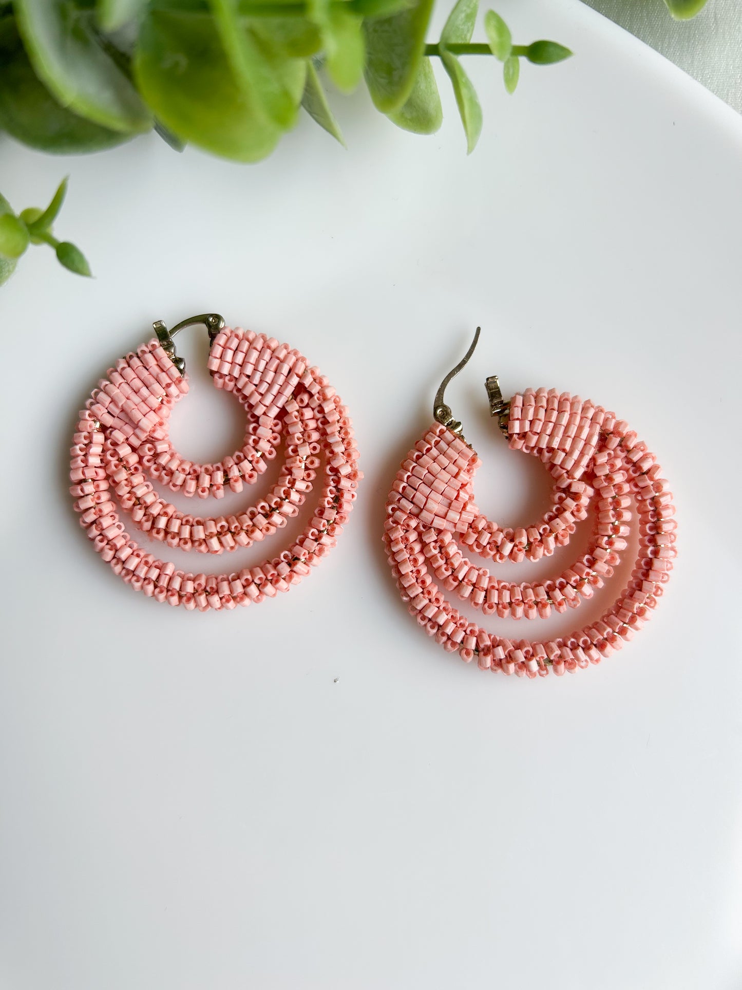 Peach Pink Hoop Handmade Beaded Earrings