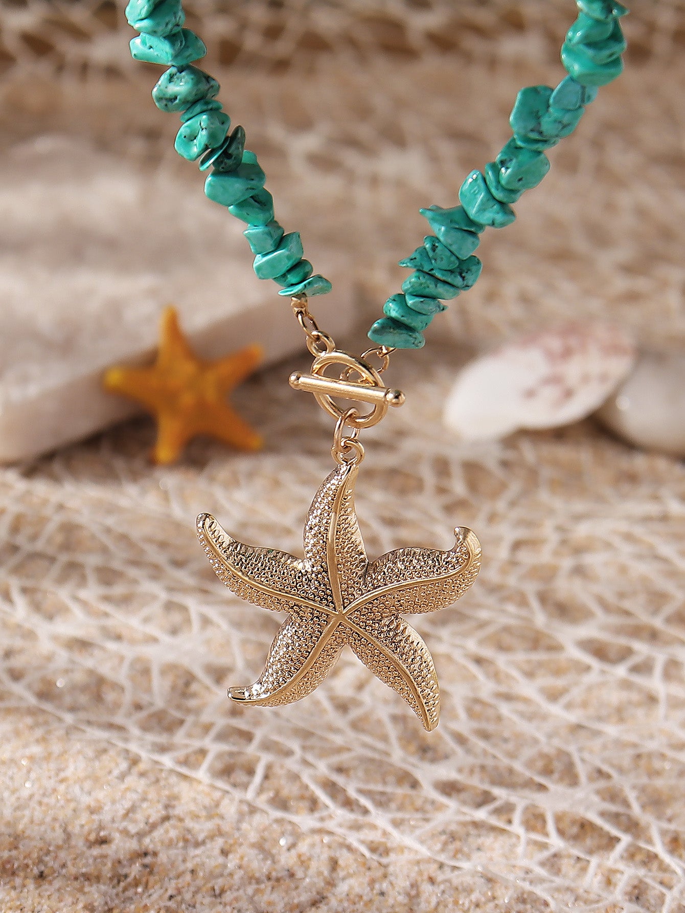 Marine Style Starfish Turquoise Beaded Chain Necklace