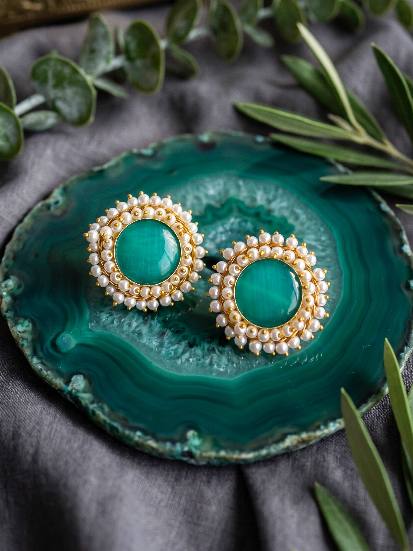 Sitara Green Pearl Round Handmade Brass Earrings