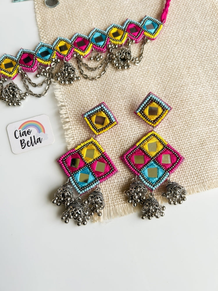 Rangrez Mirror Handmade Beaded Necklace & Earrings Set