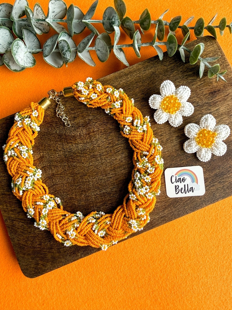 Luxe Flora Orange Handmade Beaded Necklace + Earrings Set