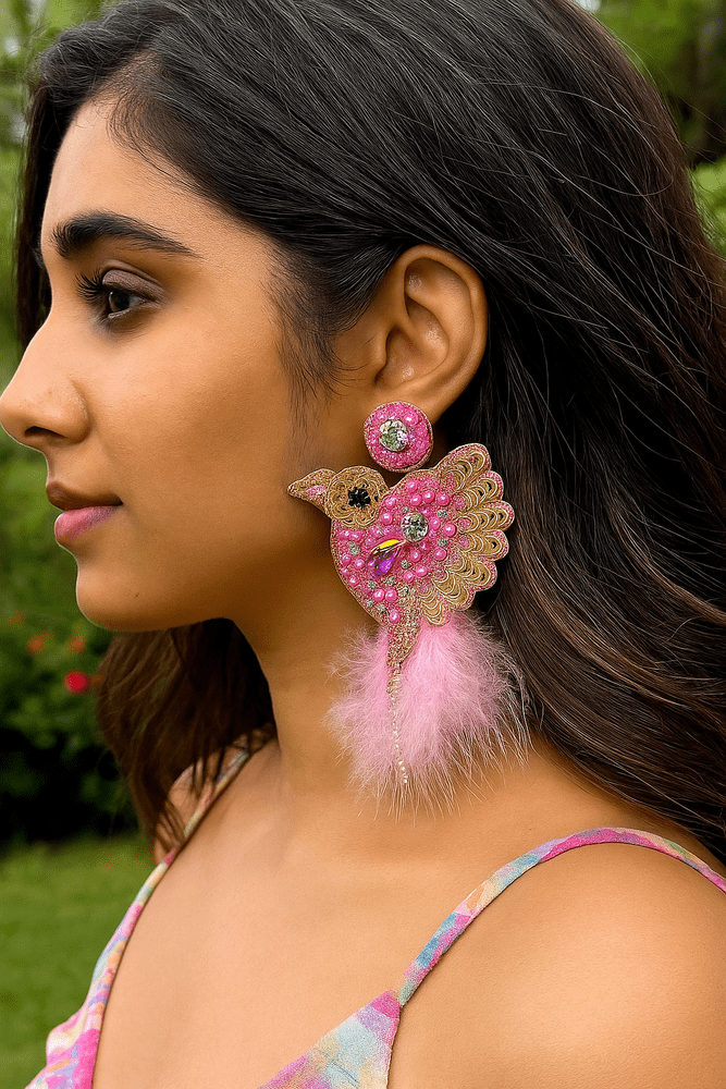 Glamorous Pink Birdies Handmade Beaded Bird Earrings