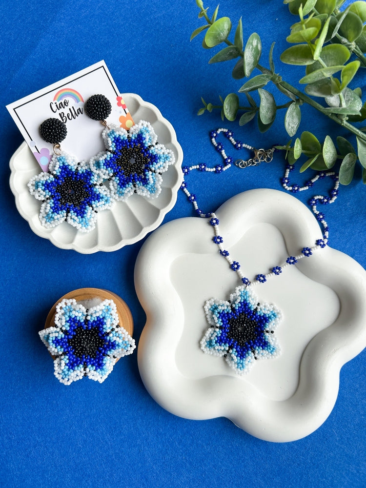 Blossoming Blue Flower Handmade Beaded Necklace + Earrings + Ring Set