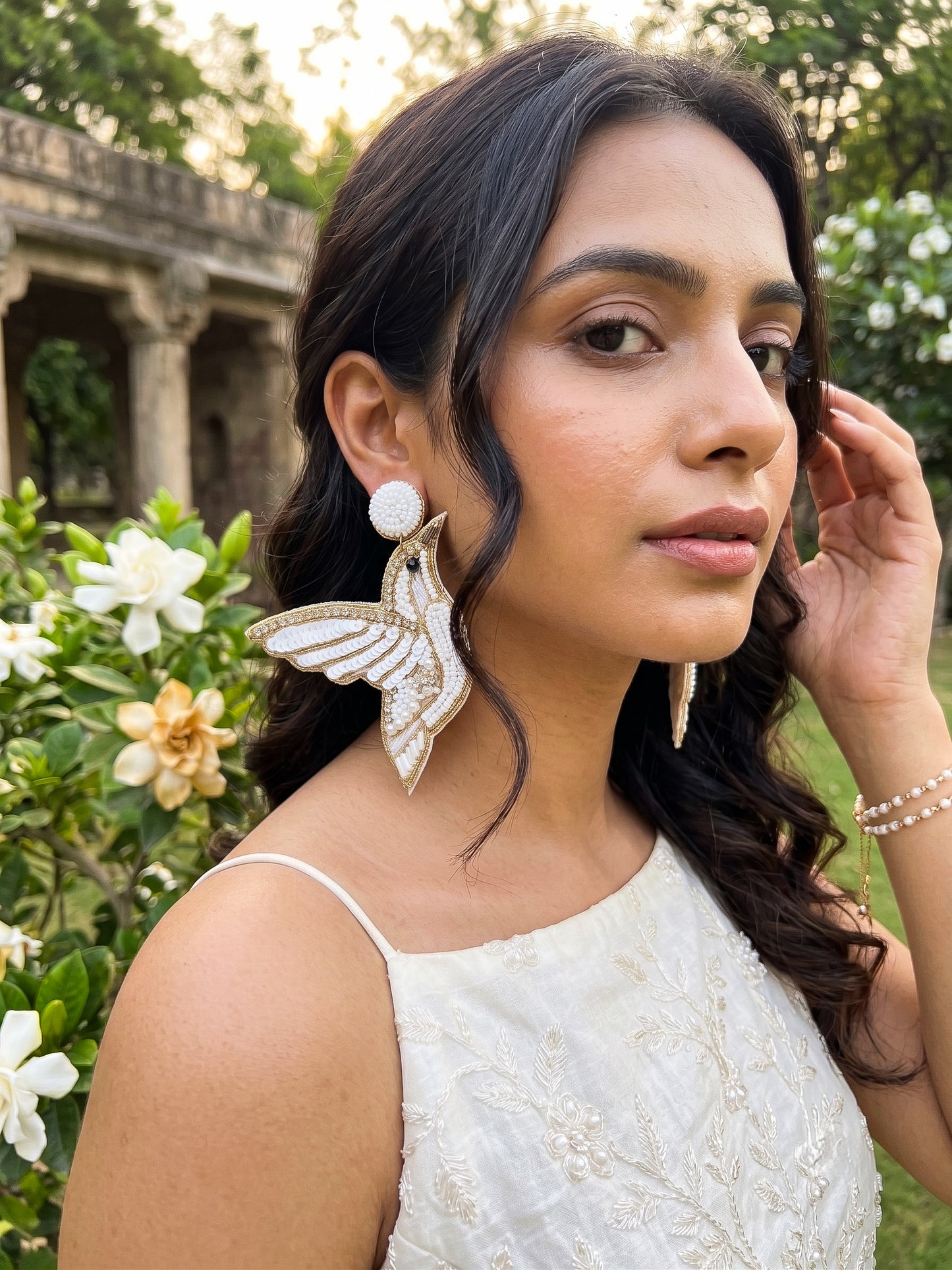Ivory Humming Bird Handmade Beaded Earrings