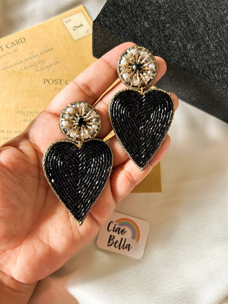 Glam Black Heart Drop Handmade Beaded Earrings