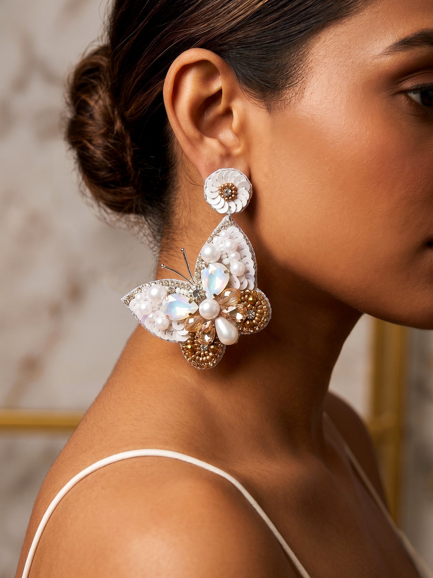 Luxe Crystal White Handmade Beaded Butterfly Earrings