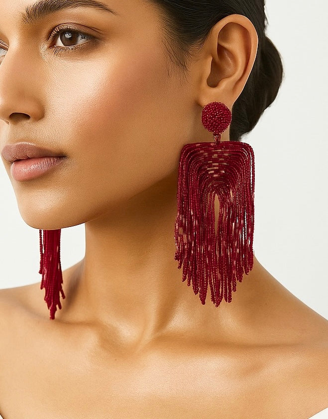 Luxe Deep Red Handmade Beaded Tassel Earrings