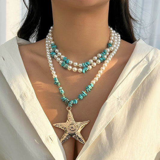 Exaggerated Marine Style Star Pearl Beaded Three Layer Necklace