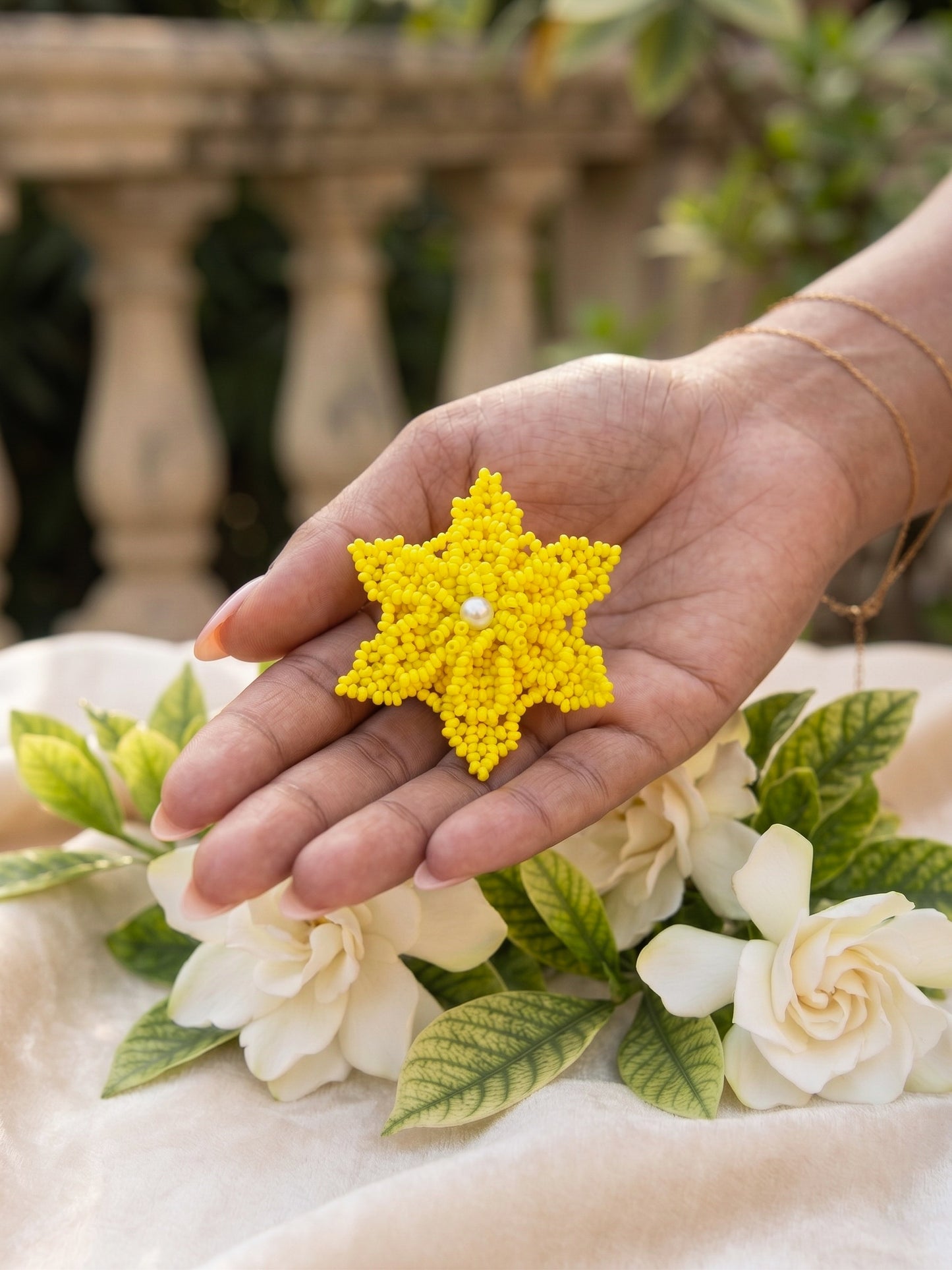 Sunshine Yellow Delicate Snowflake 3D Crochet Handmade Beaded Ring