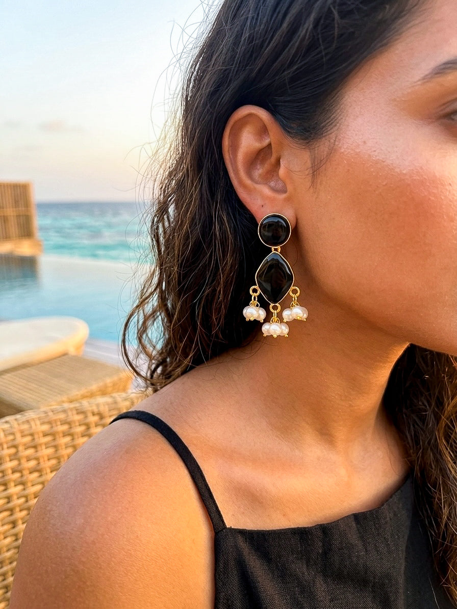 Gem Drop – Black Handmade Brass Earrings